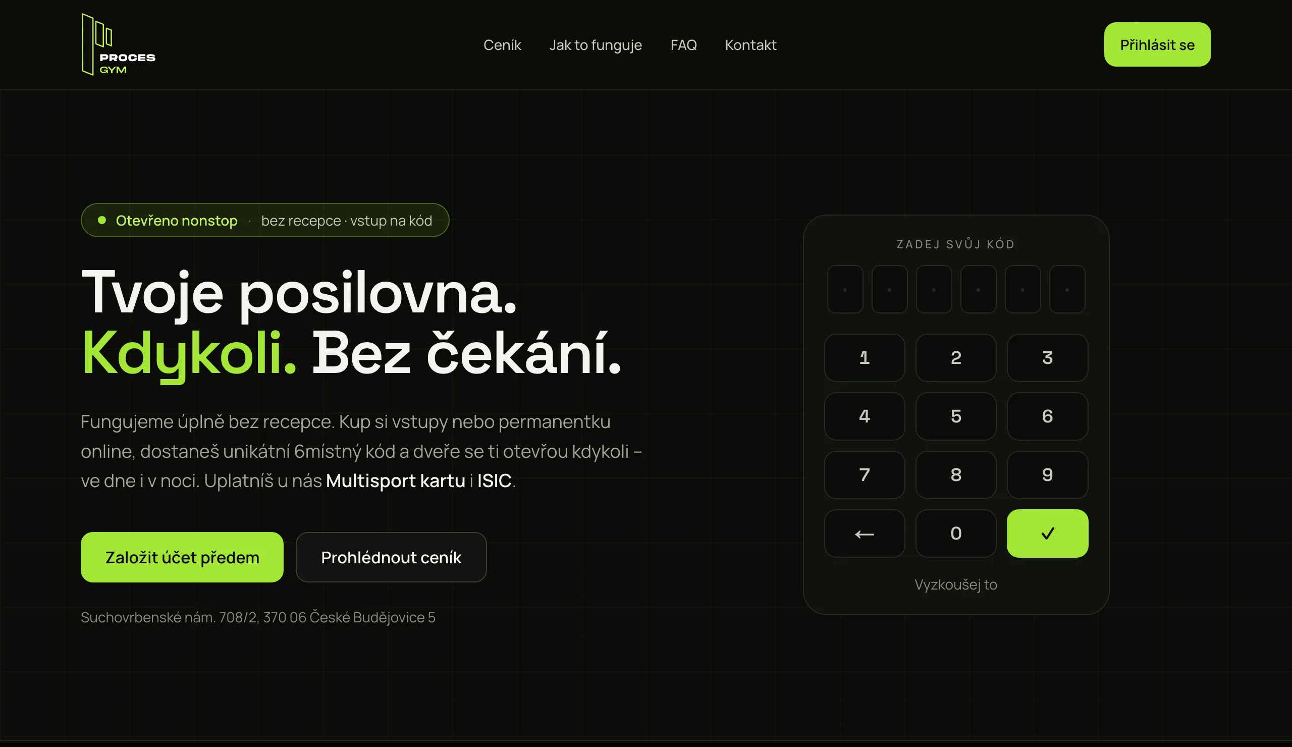 Úvodní obrazovka Proces Gymu s číselníkem pro zadání kódu